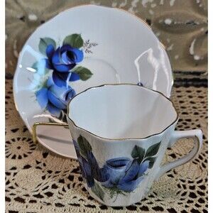 Vintage 1950s Royal Dover Blue Roses Tea Cup & Saucer Bone China England 4 oz